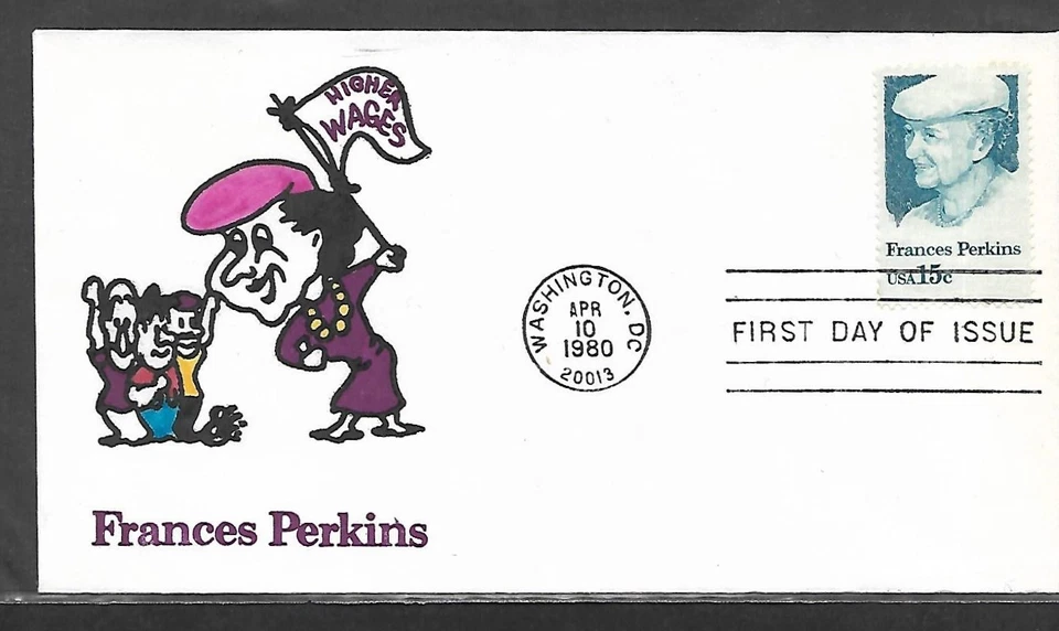 USA HAND PAINTED FRANCES PERKINS 1980 RICH ELLIS ANIMATED FDC + CACHET - Image 1 of 1