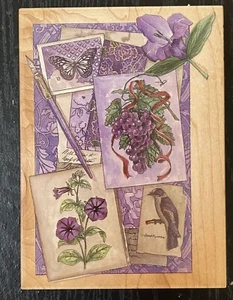 Collage púrpura pájaro uva mariposa flores postales correo madera sello de goma - Imagen 1 de 5