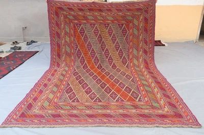 6x9 Sunset Glow Afghan Mushwani Rug – Lattice Diamond Tribal Weave in Magenta - - Image 1 of 4