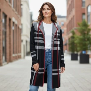 Suéter Kasper Mujer L Negro Rojo Uso Abierto Cárdigan Largo Clásico Oficina Fiesta - Imagen 1 de 15