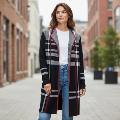 Suéter Kasper Mujer L Negro Rojo Uso Abierto Cárdigan Largo Clásico Oficina Fiesta Foto 1 de 4