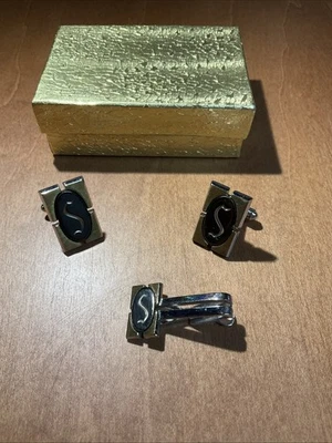 S  Monogram Initial Vintage HICKOK Cuff Links and Tie Clip Gold and Black tone - Image 1 of 4