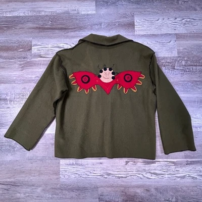 Sew Be It Olive Wool Folk Art Jacket with Appliqué Faces & Button Detail - Image 1 of 4