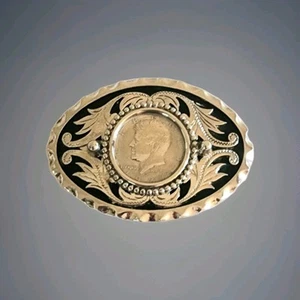 Münzeinsatz Western Gürtelschnalle 39 mm Half Dollar Gürtel silberfarben 1971 Liberty. - Bild 1 von 4