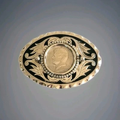 Coin Insert Western Belt Buckle 39mm Half Dollar Belt Silver Tone 1971 Liberty.  - Image 1 of 4