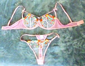 BEYOND SEXY!!! Transparentes rosa Blumenstickerei BH & HÖSCHEN SET 38C Neu mit Etikett - Bild 1 von 4