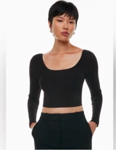 Babaton M Sculpt Knit Square Neck Crop Top Long Sleeve Tee Black Seamless - Picture 1 of 7