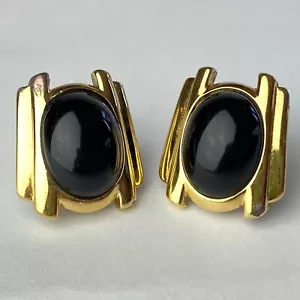CROWN TRIFARI Gold Tone Clip Earrings Abstract Black Cabochon Modernist - Picture 1 of 11