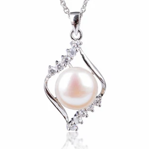 Collar Colgante Cadena Colgante Plata Esterlina Circonio Perla Agua Dulce Blanco 18" Novia - Imagen 1 de 29