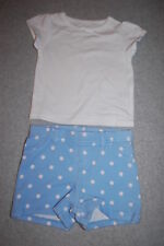 Baby Girls Outfit WHITE S/S KNIT T-SHIRT Periwinkle Blue Polka Dot Shorts 3-6 MO