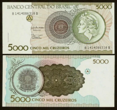 Brazil 5000 CRUZEIROS P-227 1990 UNC Liberty Brazilian World Currency BANK NOTE - Image 1 of 4