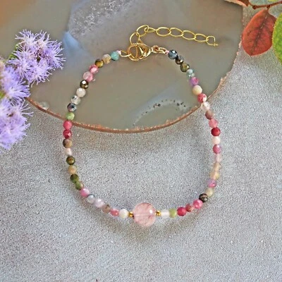 Watermelon Tourmaline Strawberry Quartz Beads Reiki Minimalist Dainty Bracelet - Image 1 of 4