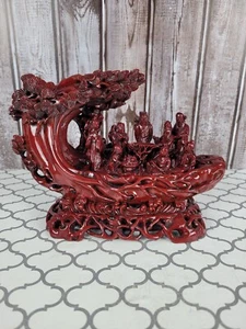 Chinese Boat of Life Cinnabar Resin Eight 8 Immortals Figurine 6.5" x 8.5" - Picture 1 of 7