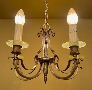 1920s Chandelier by Lightolier and FOUR sconces! Green Iridescent glass rings! - Picture 1 of 8