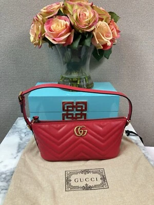 Brand New Authentic Gucci Rosso Red Matelasse Marmont Chevron Sling Shoulder Bag - Image 1 of 4