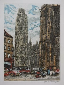 Richard de la Broye - Eau forte in Farbe signiert - Rouen Tour de Beurre - Bild 1 von 4