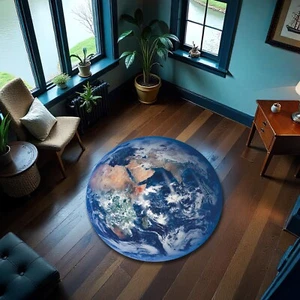 World Map Round Rug Globe Print Carpet Earth Design Educational Floor Decor - Picture 1 of 3