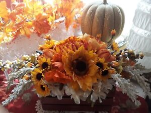 Fall Farmhouse Centerpiece Sunflower Velvet Pumpkins Peony Rustic Barn Red Crate