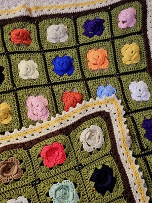 Manta afgana vintage hecha a mano de ganchillo 3D rosa abuela cuadrada tiro multicolor Foto 1 de 4