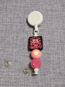 Handmade Beaded White Bacon My Heart Retractable Badge Reel - Picture 1 of 1