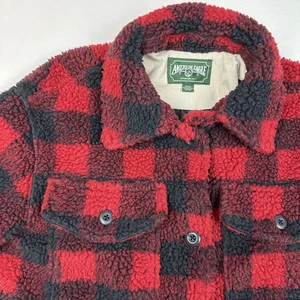 American Eagle Jacket Mens Small Fleece Chunky Buffalo Plaid Red Black Button - Picture 1 of 9