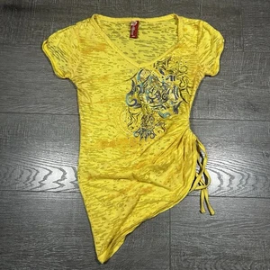 Apple Bottoms Burnout Rhinestone V-Neck Ruched Side Asym Hem Tee Top M - Picture 1 of 7