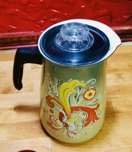 Vintage Swedish Berggren Green Rosemaled Enamel Perculator Coffee Pot! RARE! - Picture 1 of 10
