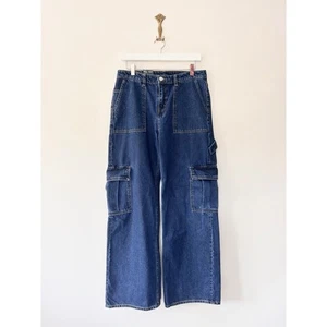 Monki Wide Leg Cargo Jeans Size 27 UK 10 Dark Blue Denim Utility Minimal Pockets - Picture 1 of 12