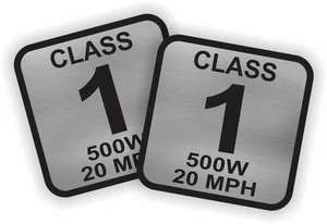 pair 2" Square Class 1 E-Bike Silver Stickers Electric Bike Decals 500W 20 MPH - Picture 1 of 1