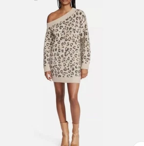 STEVE MADDEN Pullover Strickkleid Leopard Animal Print lässige Schulter Damen S - Bild 1 von 3