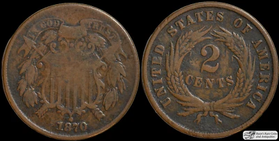 1870 Two Cent Piece, Very Good Condition, Copper, Free Shipping, C7334 - Image 1 of 3