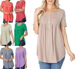 Women's Round Neck Shell Buttons Yoke Shirring Short Sleeve Luxe Rayon Tunic Top - Picture 1 of 56