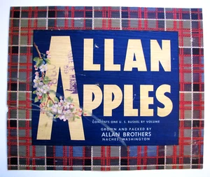 Original rare ALLAN APPLES apple crate label Naches WA tartan plaid blossoms - Picture 1 of 2