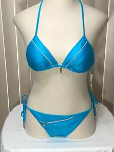 Split Halter Bikini L Self Side Tie Bottom Triangle Top Faux Zipper Blue 2 Piece - Picture 1 of 8