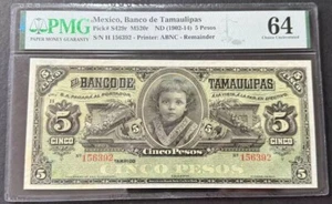PMG 64 Mexico 1902 - 1914 Banco de Tamaulipas Banknotes 5 Pesos - Picture 1 of 2