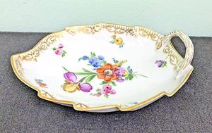 Antique 1872-1920 CARL THIEME Dresden Flowers Leaf Shaped Handled Dish, 7.2X5.7" - Picture 1 of 7
