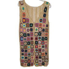 Vintage Long Granny Square Vest Button Up Handmade Crochet S/M 36" Boho Hippy
