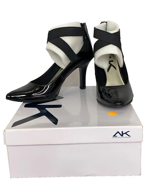 Black ANNE KLEIN patent leather heels 8 shoes pumps stretch crossover ankle box - Image 1 of 4
