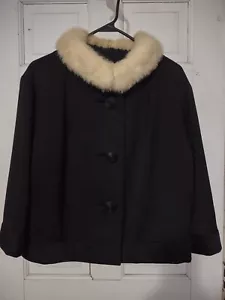 Vintage Black Wool Jacket Beige Mink Collar RAFI NEW YORK - SZ M/L (See Meas.) - Picture 1 of 5