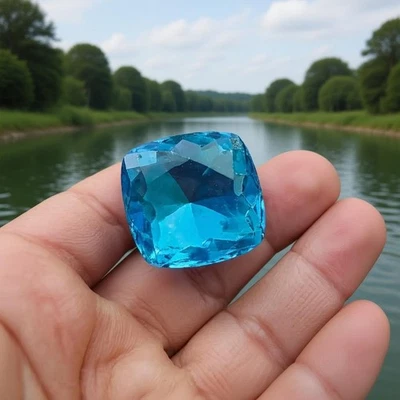 Piedra preciosa natural brasileña corte cojín topacio certificado 99,54 quilates azul suizo océano Foto 1 de 4