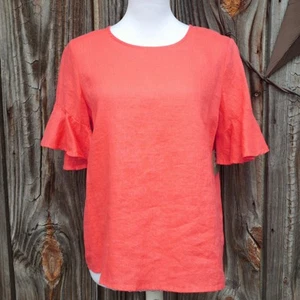 Ruffle Sleeve 100% Linen Blouse For Cynthia Size S Coral Bright Spring Top Shirt - Picture 1 of 9