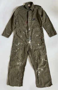 Vintage Coveralls Jumpsuit Military Green Distressed Paint Splattered Thrashed - Picture 1 of 12
