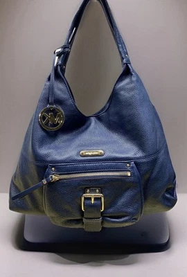 Bolso de Hombro Hobo Grande Michael Kors Fulton Cuero Guijarro Azul Hebilla Bolsillo Foto 1 de 4