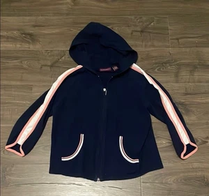 Sudadera con Capucha Estilo Retro Azul Marino Manga 3/4 Cremallera con Acentos Rosa y Blanco, Talla Mediana - Imagen 1 de 5