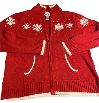 VTG Holiday Angora Lambswool Snowflake Red Pearl Embellish Sweater Womens L Y2k - Image 1 of 4