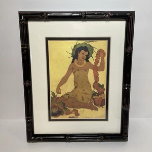 Lei Maker Framed Print Hawaiian Style Girl Approx 9in.x 11in. Frame, Artwork - Picture 1 of 18