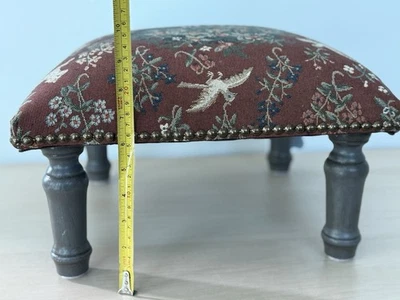 Vintage Tapestry Footstool Ottoman w/ Chalk Painted Wood Legs 10” - Image 1 of 4