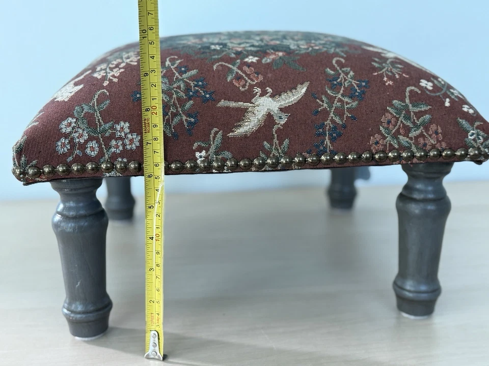 Vintage Tapestry Footstool Ottoman w/ Chalk Painted Wood Legs 10” - Image 1 of 4