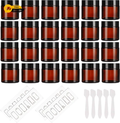 24 Pack 2oz Amber Glass Jars with Black Lids, Round Empty Containers for Scrubs - Image 1 of 4