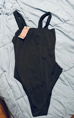 NWT BOOHOO RIB SQUARE NECK THICK BODY SUIT BLACK SZ 10 - Image 1 of 4